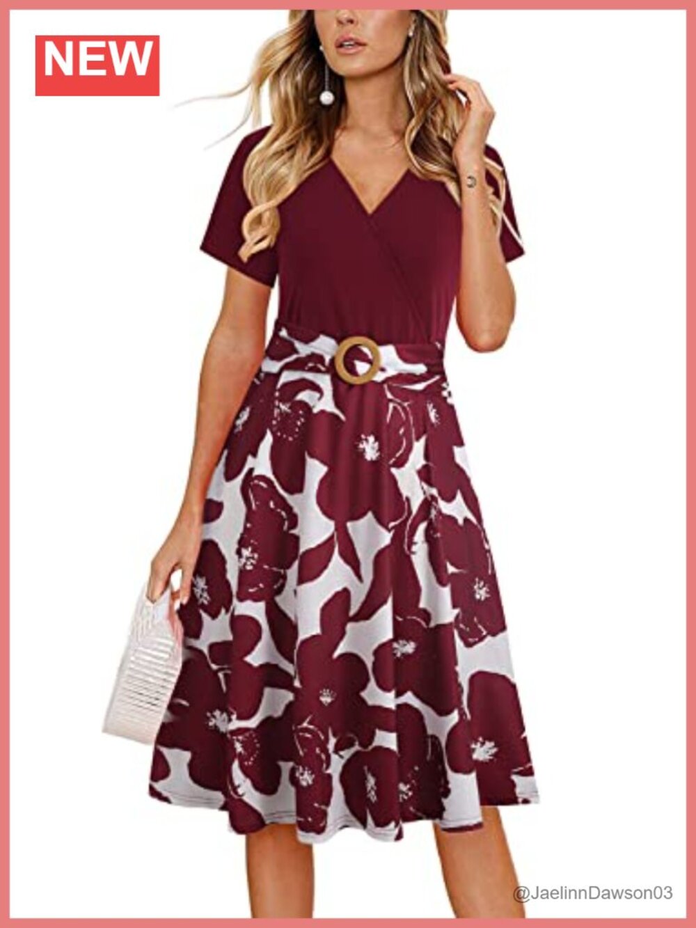 Women's Elegant Criss-Cross V Neck Short Sleeve Fit and Flare Tea Dress with